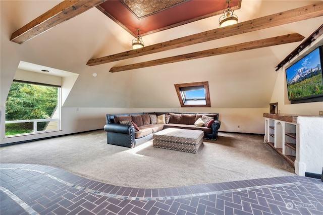 carpeted living room featuring beamed ceiling and high vaulted ceiling