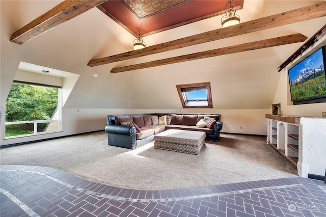 212 Grandview Ave, Camano Island, WA 98282 - carpeted living room with baseboards and vaulted ceiling with beams