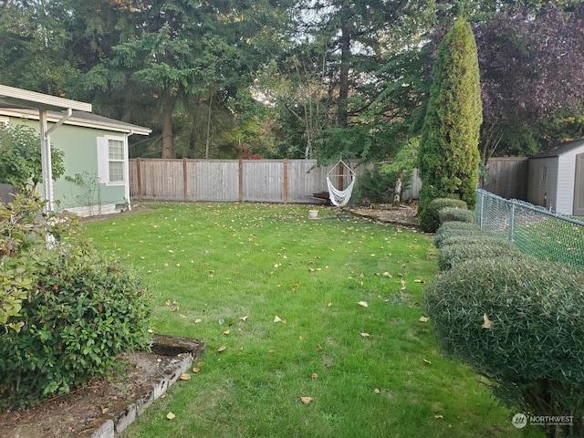 view of yard with a storage unit