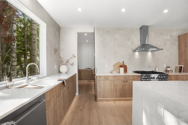 kitchen featuring wall chimney range hood, appliances with stainless steel finishes, tile walls, light wood-type flooring, and sink