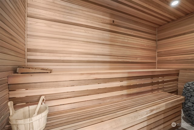 view of sauna featuring wooden walls and wood ceiling