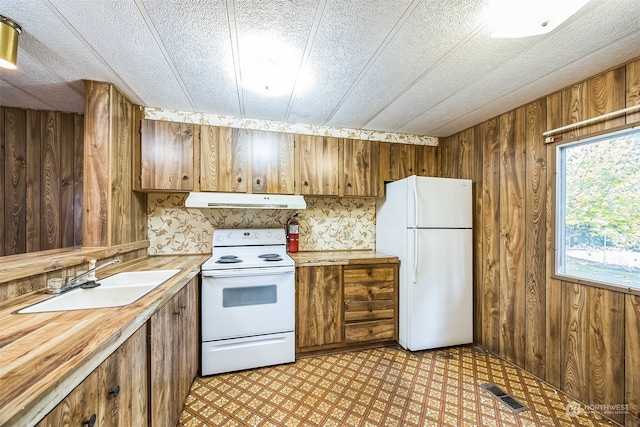 kitchen featuring sink, white appliances, and wood walls