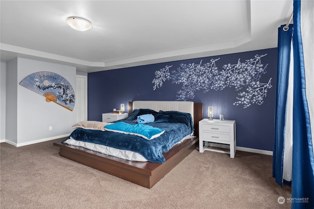 carpeted bedroom with a raised ceiling