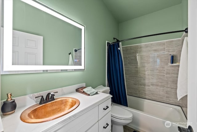 full bathroom with toilet, shower / bath combo, and vanity