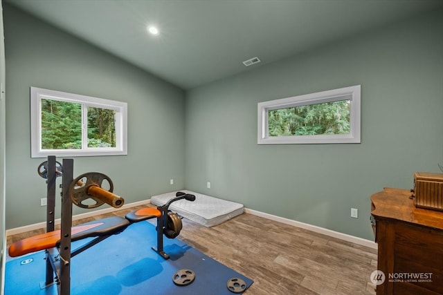 exercise area with lofted ceiling and hardwood / wood-style flooring