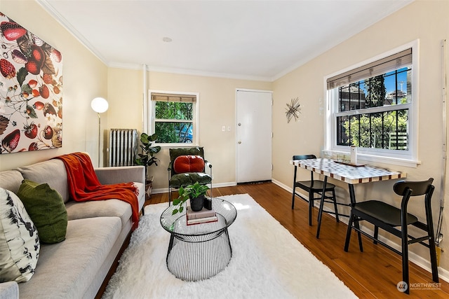 living room with crown molding, dark hardwood / wood-style flooring, and radiator heating unit