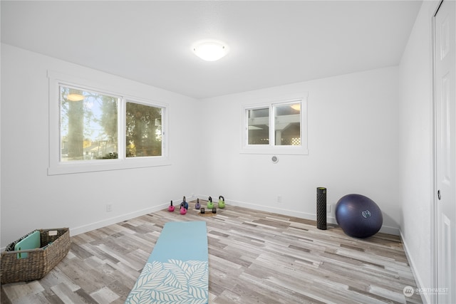 workout room with light hardwood / wood-style floors