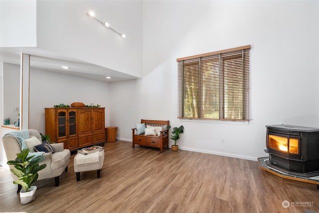 living area featuring a high ceiling, light hardwood / wood-style floors, and a wood stove