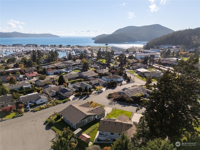 drone / aerial view featuring a water and mountain view