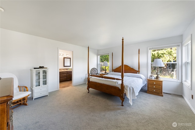 bedroom with light carpet, multiple windows, and ensuite bathroom