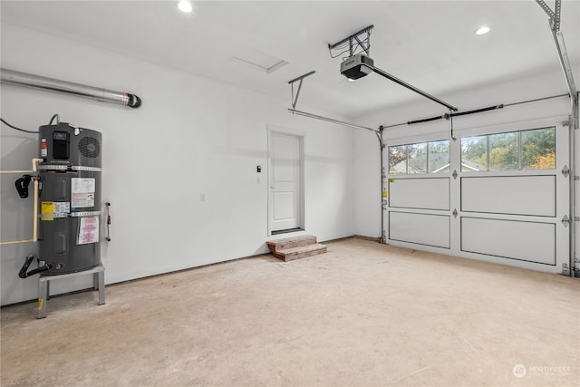 garage featuring water heater and a garage door opener