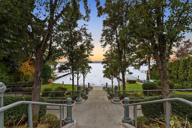 view of home's community with a water view