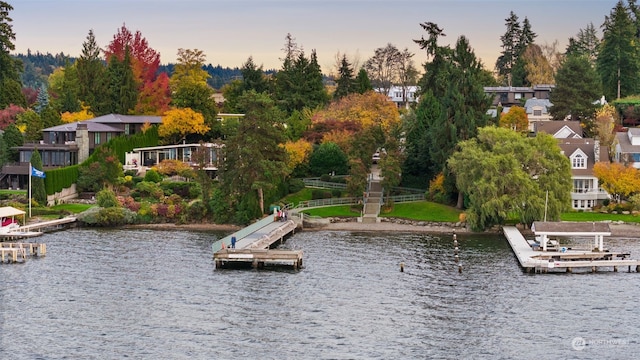 surrounding community featuring a water view and a boat dock