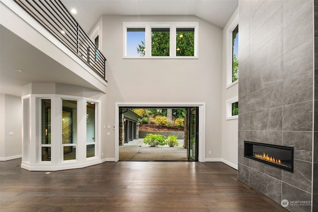 entryway featuring high vaulted ceiling, plenty of natural light, and dark hardwood / wood-style flooring