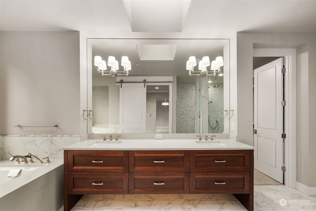 bathroom with vanity and separate shower and tub