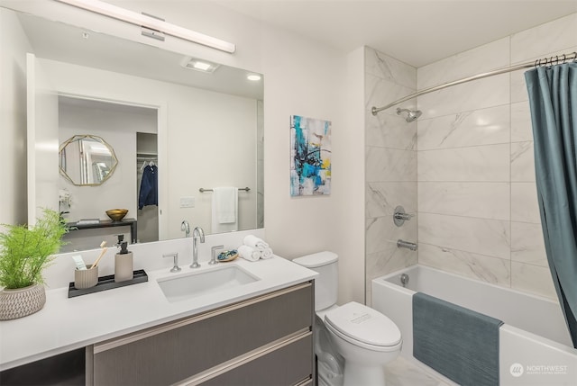 full bathroom featuring toilet, vanity, and shower / bathtub combination with curtain