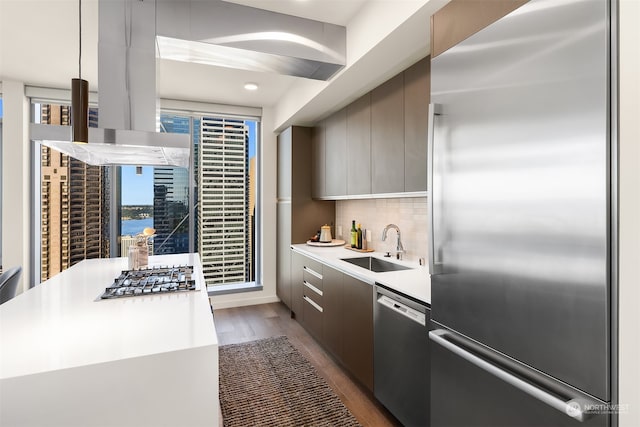 kitchen with tasteful backsplash, appliances with stainless steel finishes, dark wood-type flooring, sink, and a water view