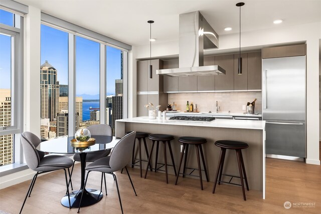 kitchen with island range hood, light hardwood / wood-style floors, stainless steel appliances, pendant lighting, and a water view