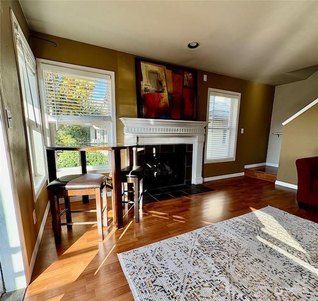 living room with a tiled fireplace, a healthy amount of sunlight, and dark hardwood / wood-style floors