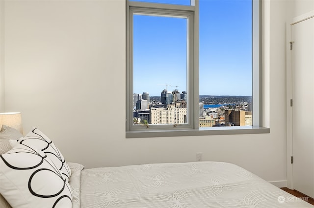 bedroom with multiple windows and hardwood / wood-style floors