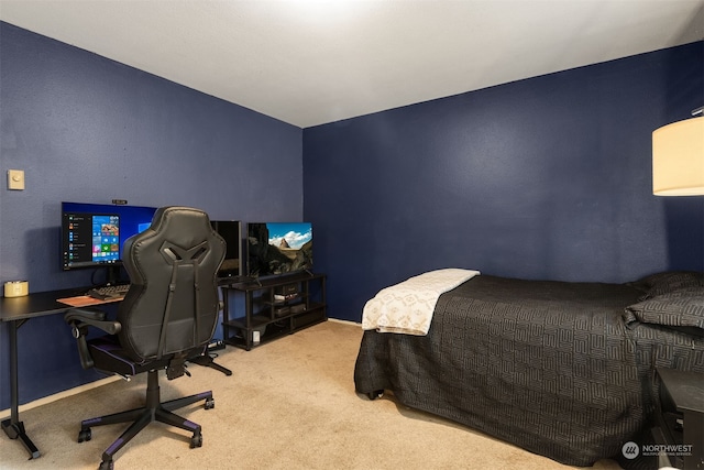 bedroom featuring light colored carpet