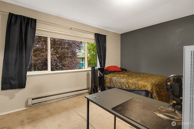 bedroom featuring carpet and a baseboard radiator