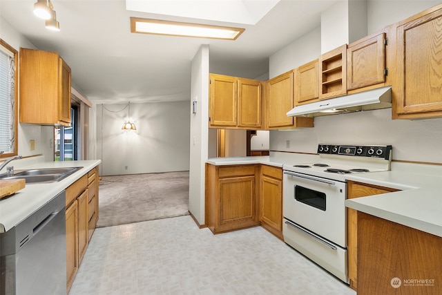 kitchen with stainless steel dishwasher, white range with electric stovetop, light colored carpet, and sink