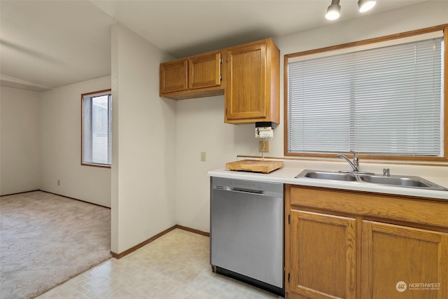 kitchen featuring dishwasher, light colored carpet, and sink