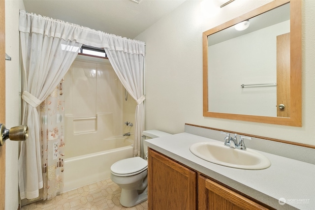 full bathroom with toilet, vanity, shower / tub combo with curtain, and tile patterned flooring