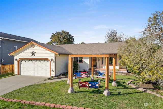 ranch-style home featuring a front yard, covered porch, and a garage