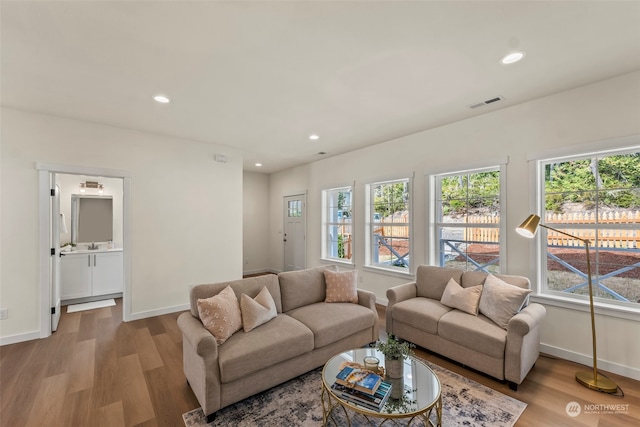 living room with sink and light wood-type flooring