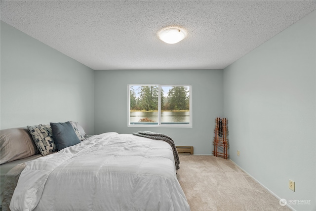 bedroom with light carpet and a textured ceiling