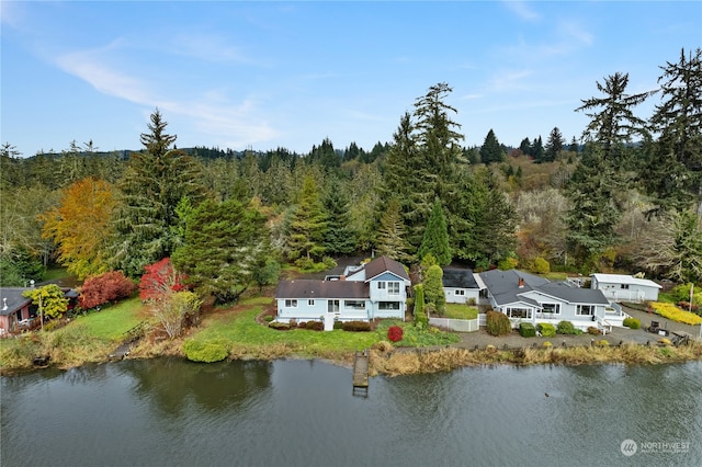 bird's eye view with a water view