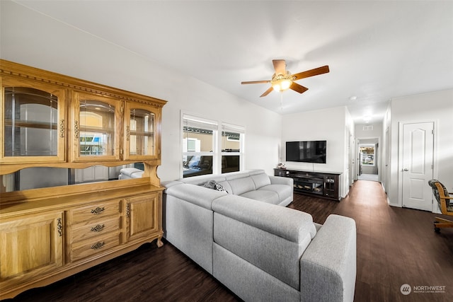 living room featuring a wealth of natural light, ceiling fan, and dark hardwood / wood-style flooring