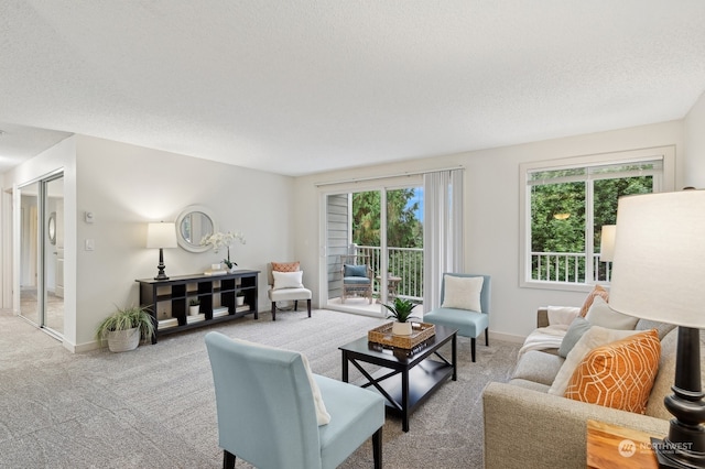 carpeted living room featuring a textured ceiling