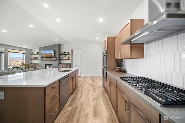 kitchen featuring lofted ceiling, wall chimney exhaust hood, an island with sink, sink, and appliances with stainless steel finishes