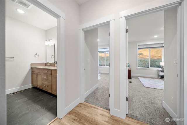 bathroom featuring vanity and wood-type flooring