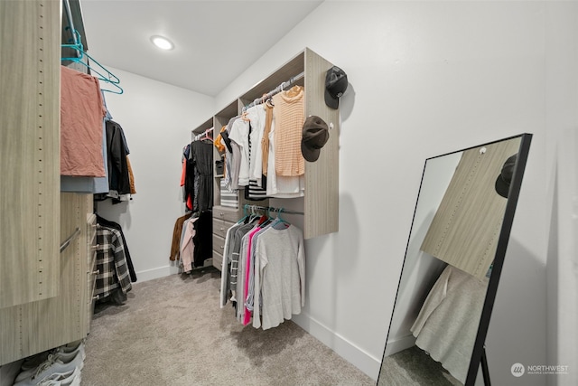 walk in closet with light carpet