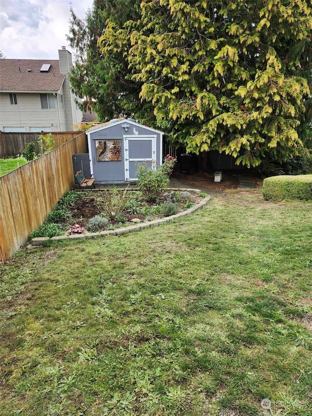 view of yard featuring a storage shed