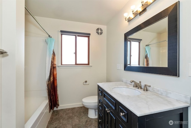 full bathroom with toilet, shower / bath combo, vanity, and tile patterned flooring