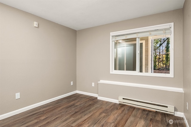 unfurnished room featuring a baseboard radiator and dark hardwood / wood-style flooring