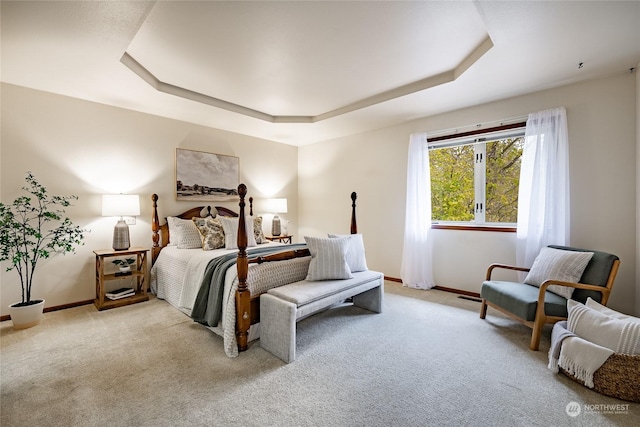 carpeted bedroom featuring a tray ceiling and baseboards