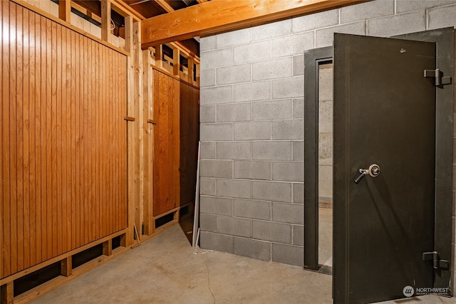 basement with concrete block wall