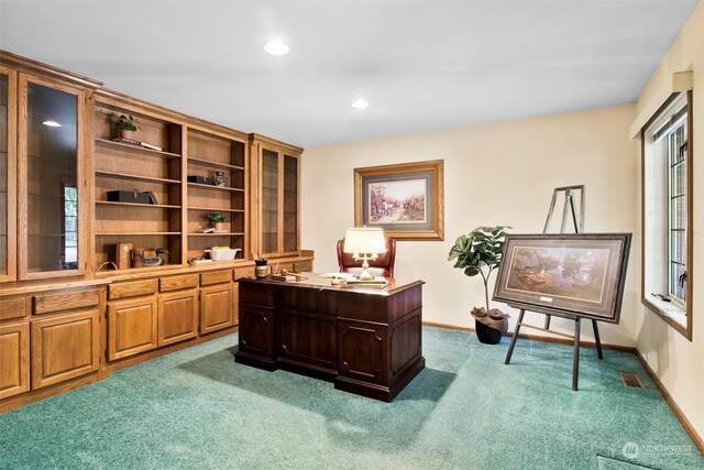 carpeted office space with recessed lighting, visible vents, and baseboards