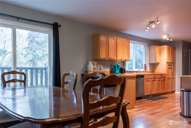 dining room featuring sink and light wood-type flooring