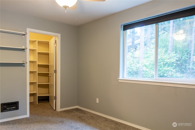 unfurnished bedroom featuring carpet floors, a spacious closet, and ceiling fan