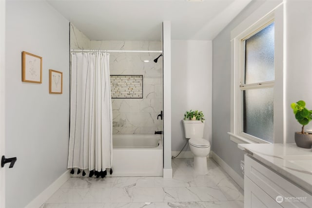 full bathroom with shower / bath combination with curtain, toilet, and vanity