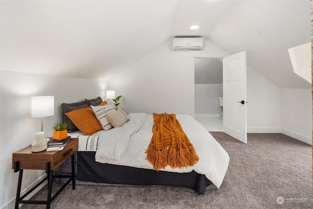 bedroom featuring lofted ceiling, carpet floors, and a wall mounted AC