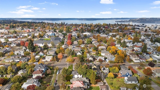 drone / aerial view featuring a water view