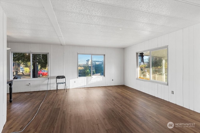 empty room featuring wooden walls, plenty of natural light, and dark hardwood / wood-style flooring